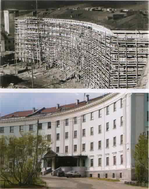 1951 г. Строительство дома № 7 по ул. Индустриальной (ныне проспект Ленина, 5) и его "близнец" в 2003 г.